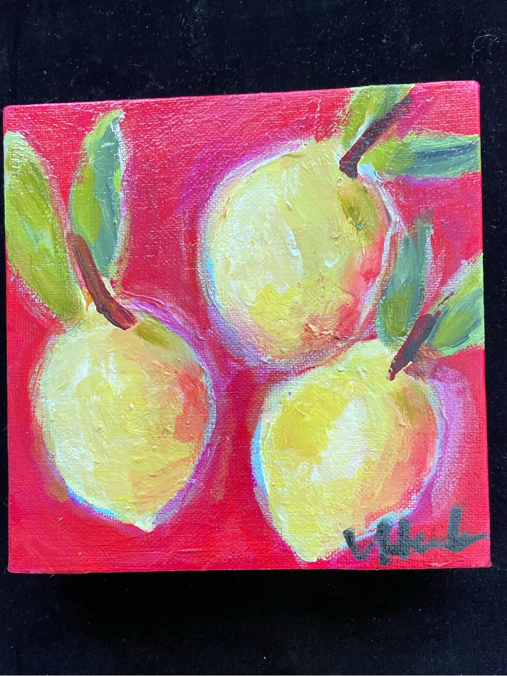Lemons On Scarlet “Original Acrylic Painting  6”x 6”1.5” Canvas Ready To Hang